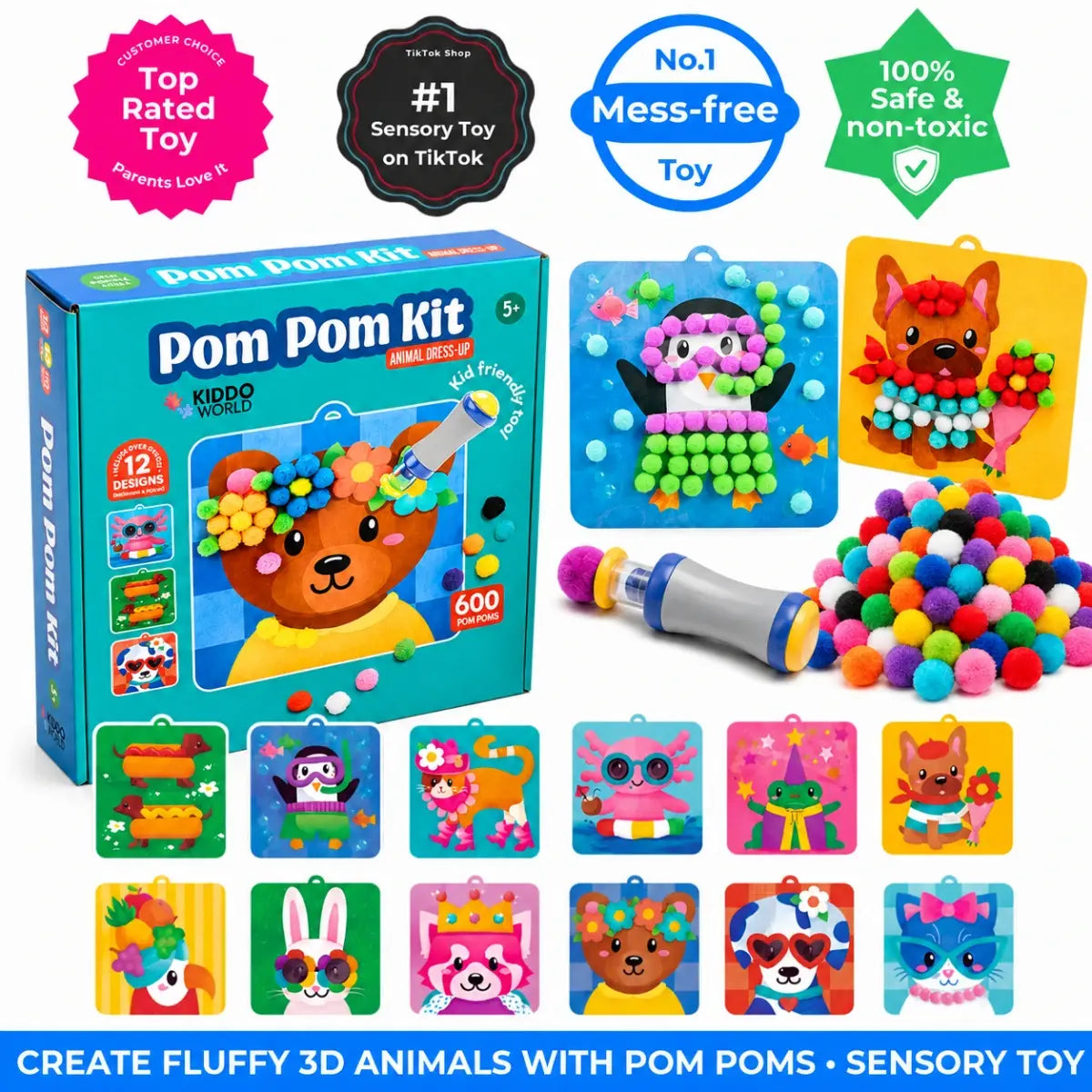 Pom Pom Kit l Create Magical 3D Animals with Fluffy Pom Poms, No