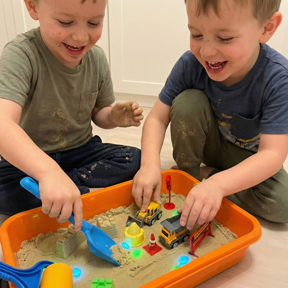 Sensory Play Set with Magnetic Sand and Glow Stones | Construction Site | for Kids 3+