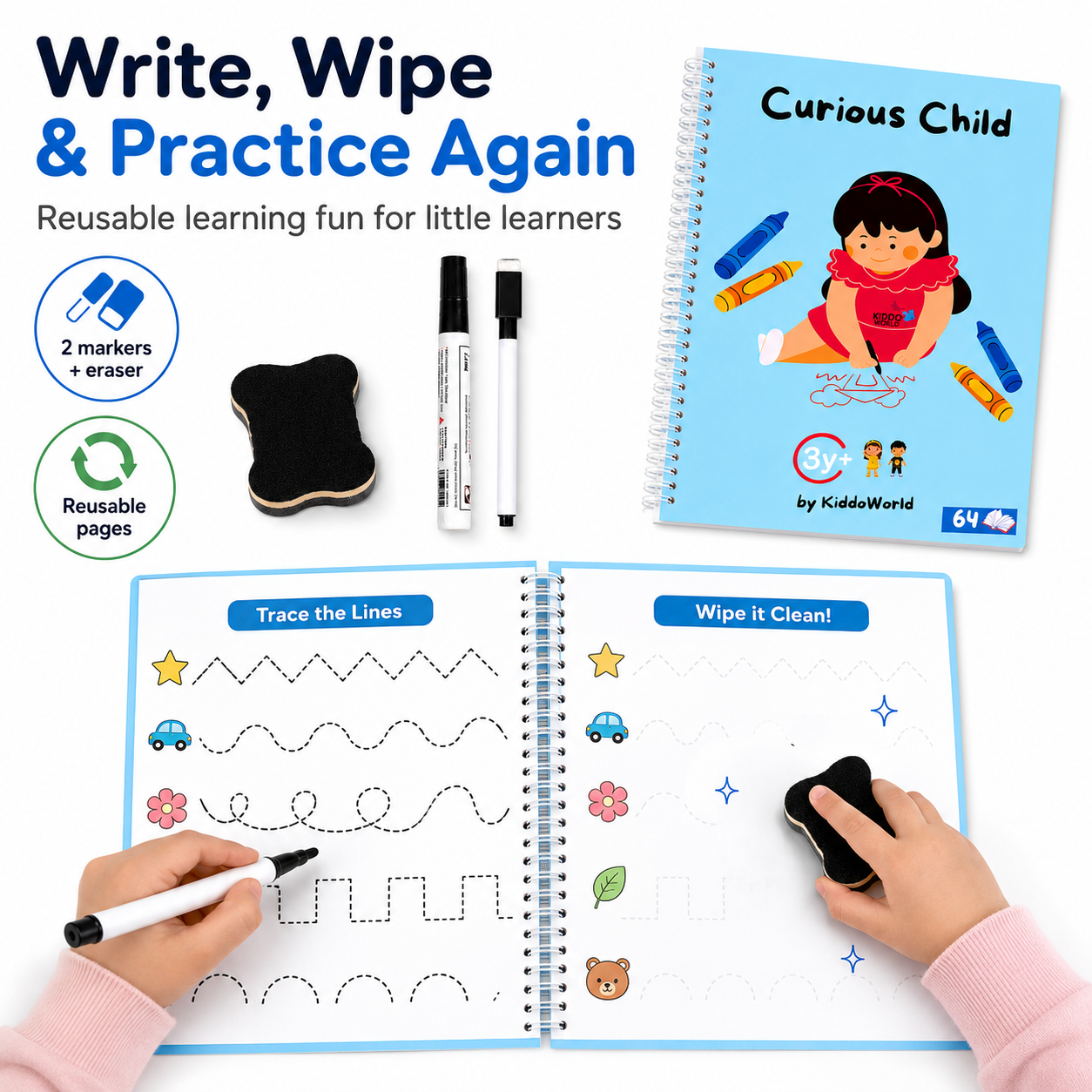 Curious Child | Wipe-Clean Notebook for Learning Writing and Logic (64 pages, 3+ years)
