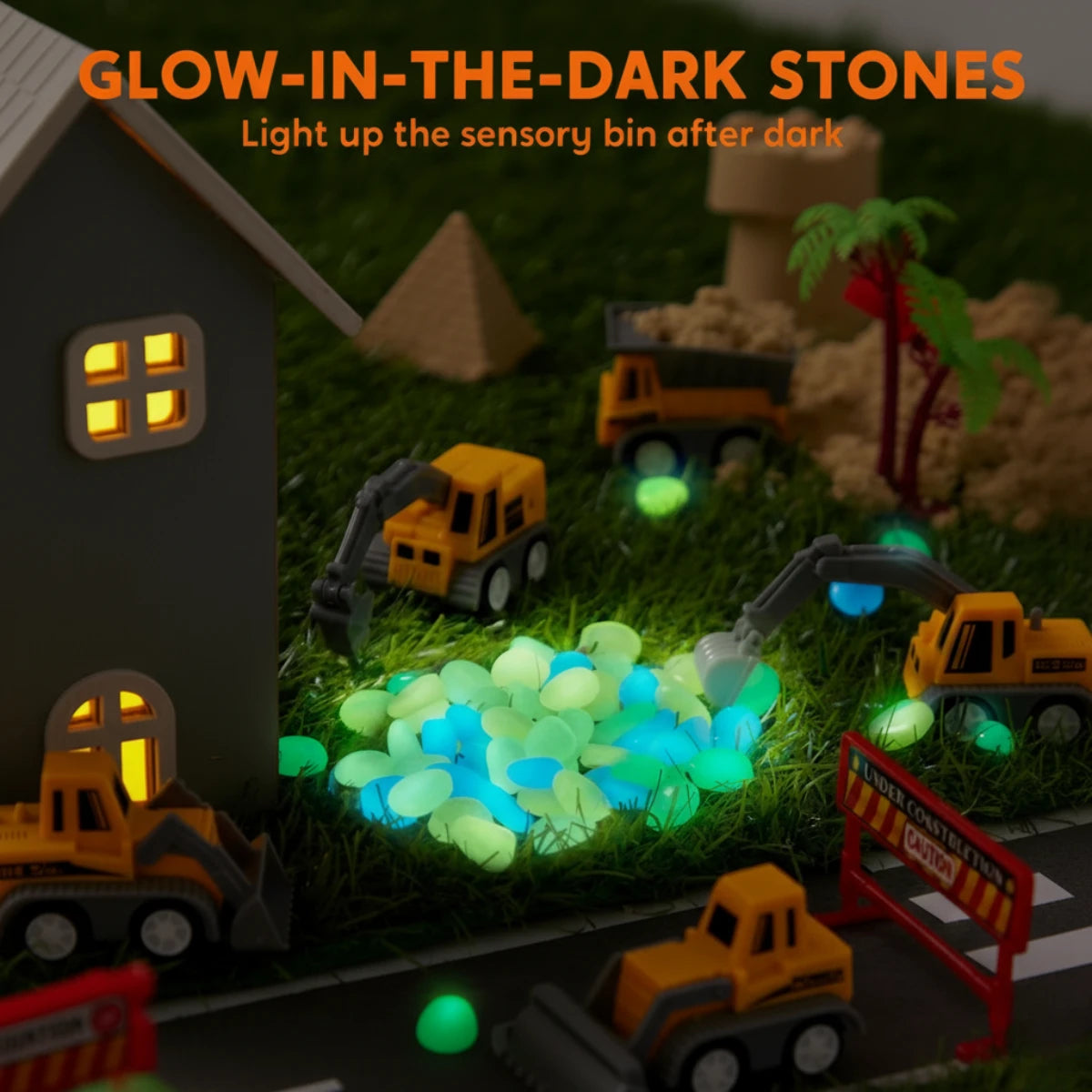 Sensory Play Set with Magnetic Sand and Glow Stones | Construction Site | for Kids 3+