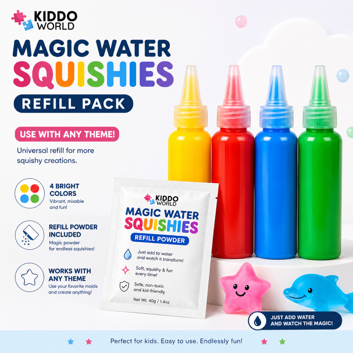 Magic Water Squishy Refill Pack – Refill 4 Colors + 1 Magic Powder (Compatible with all sets, 3+ years)