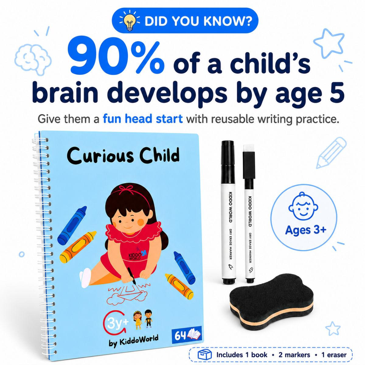 Curious Child | Wipe-Clean Notebook for Learning Writing and Logic (64 pages, 3+ years)
