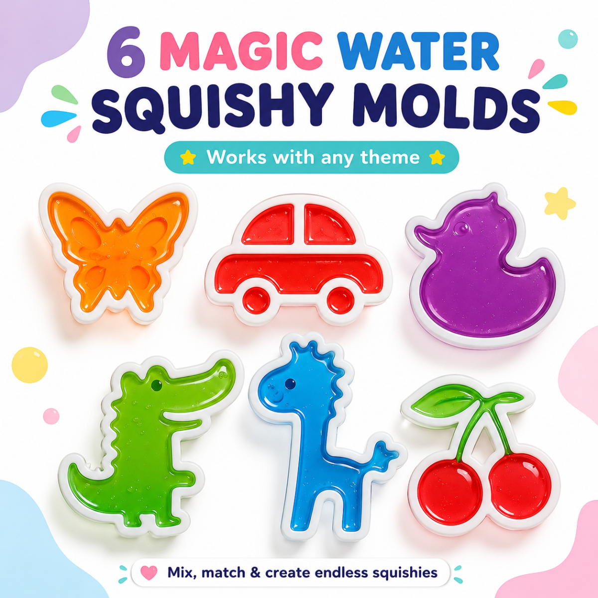 Magic Water Squishy Expansion Pack – 6 Additional Molds (New Animals and Shapes, Ages 3+)