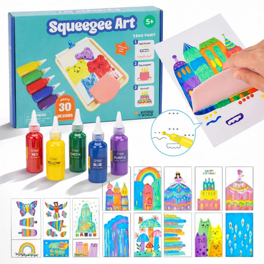 Squeegee Art Kit | Set with 5 colors and a magic squeegee for creating drawings without brushes | for kids 5+