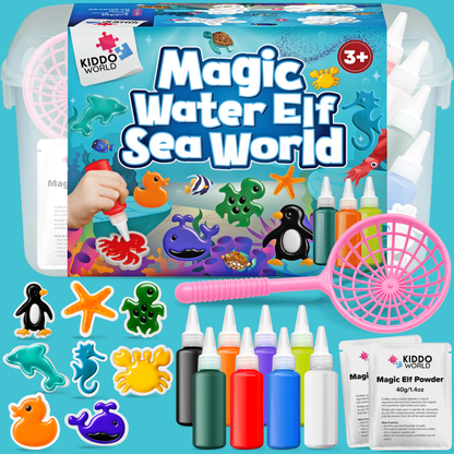 Magic Water Elf Sea World kit with colorful bottles, toys, and packaging on a blue background