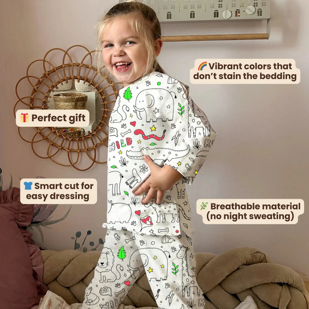 2-Piece Children’s Colorable Pajamas | Safari Animals (4–8 years)