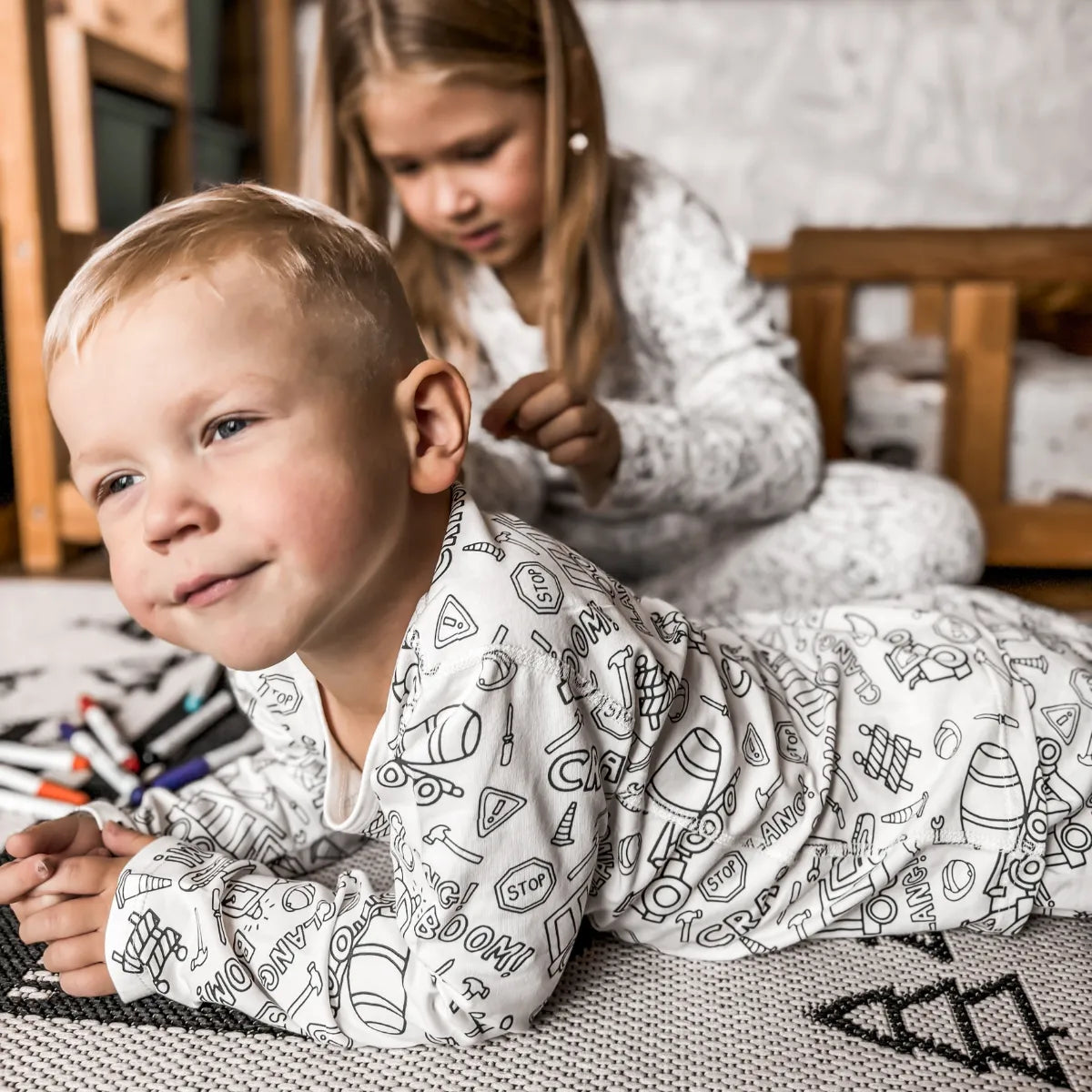 2-Piece Children’s Colorable Pajamas | Trucks & Excavators (4–8 years)