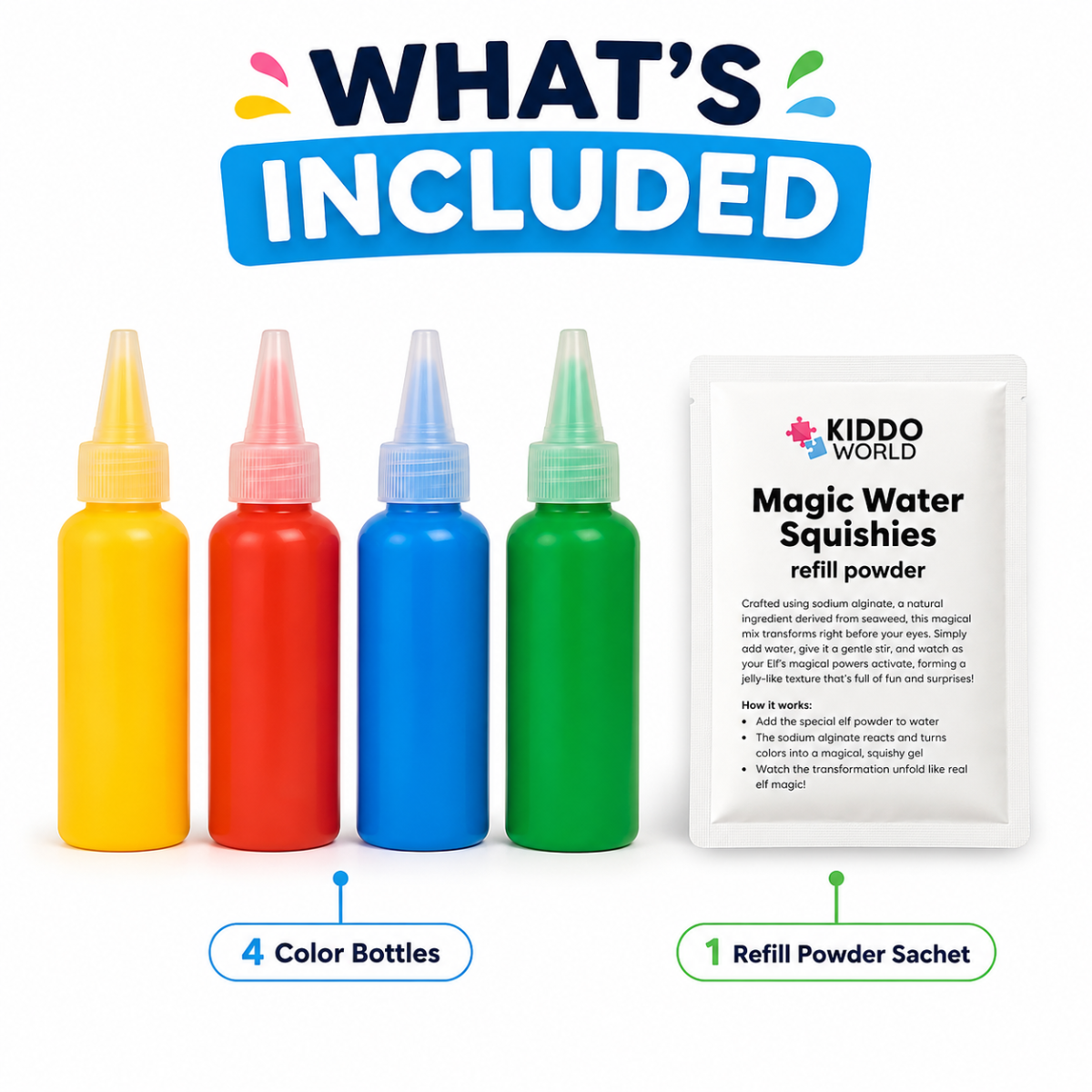 Magic Water Squishy Refill Pack – Refill 4 Colors + 1 Magic Powder (Compatible with all sets, 3+ years)