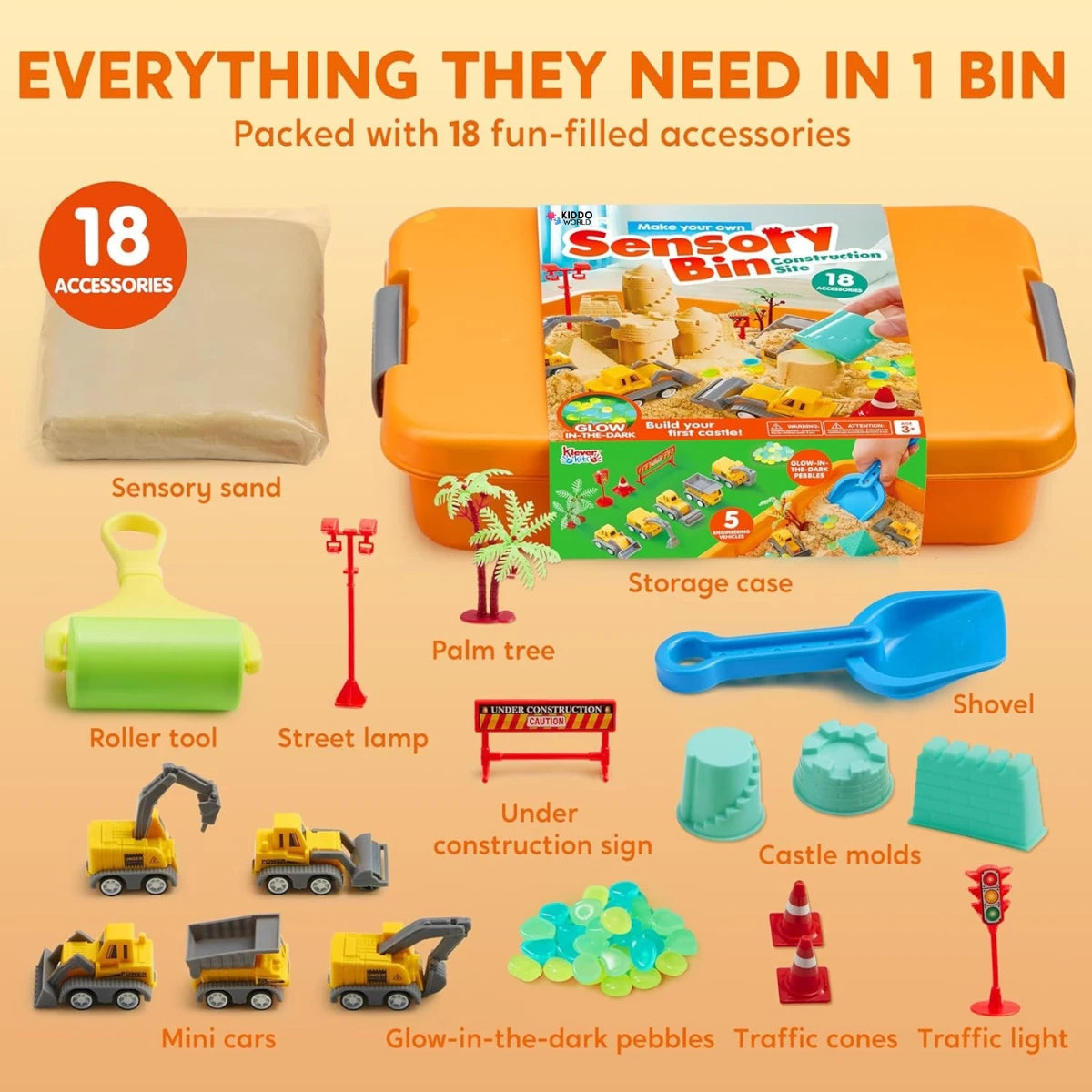 Construction sensory bin with 18 accessories