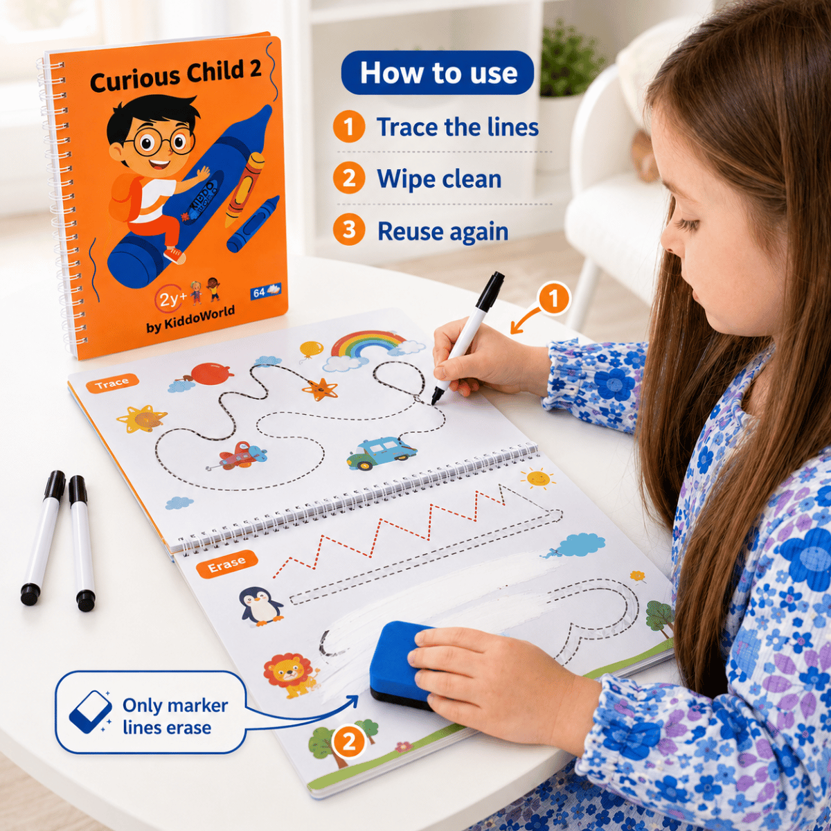 Curious Child 2 | Write-Wipe Notebook for Learning to Write (64 pages, 2+ years)