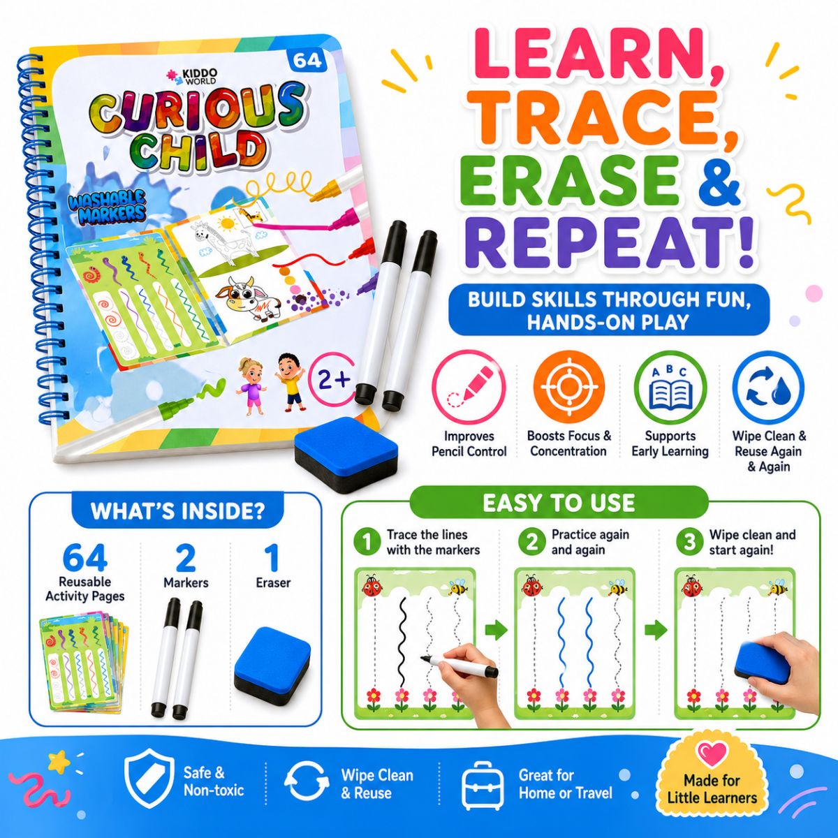 Curious Child Colors | Write-and-Wipe Notebook for Learning to Write (64 pages, 2+ years)