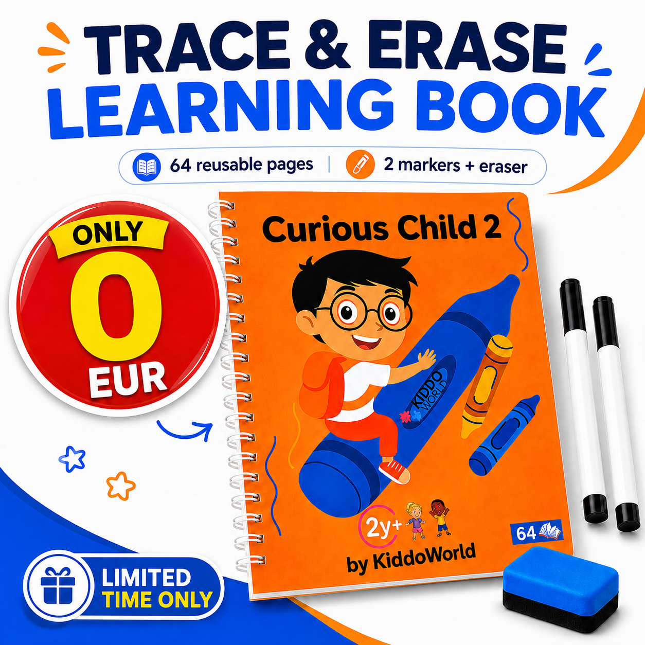 Curious Child 2 – Schreib- und Abwisch-Notizbuch zum Schreibenlernen, wiederverwendbar (64 Seiten, Alter 2–5)