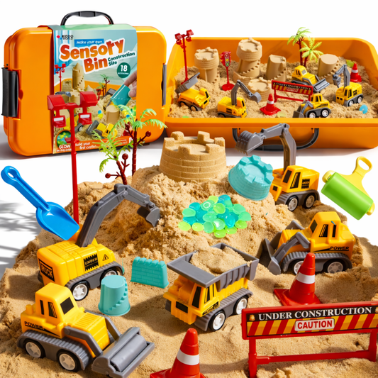 Sensory Play Set with Magnetic Sand & Glow-in-the-Dark Stones | Construction Site & Excavators
